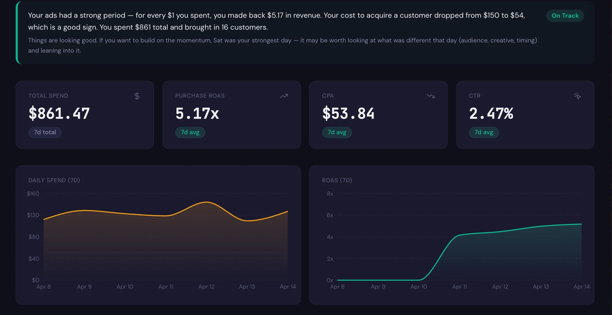 Digital Ad Monitor dashboard showing spend, ROAS, CPA and CTR metrics with charts